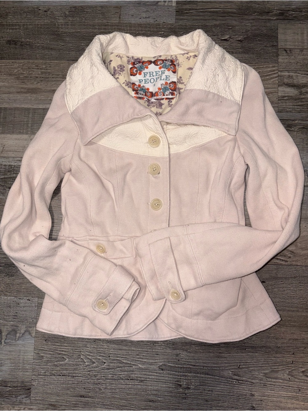 Free People Pale Pink Button-Front Blazer with Cream Yoke